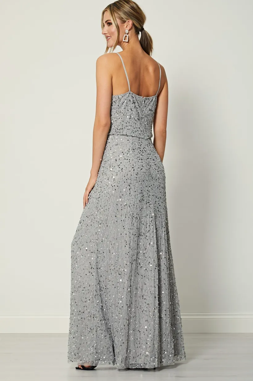 Cami Sequin Embellished Maxi Dress In Grey by Angeleye