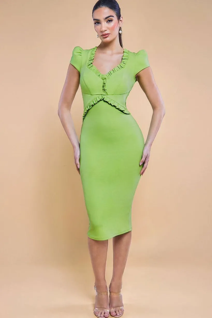 Cap Sleeve Frill Edge Midi Dress - Lime Green by Goddiva