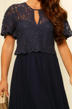 Cap Sleeve Lace Pleated Dress by Double Second