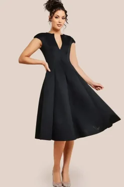 Cap Sleeve Plunging V-Neckline A-line Midi Dress - Black by Goddiva