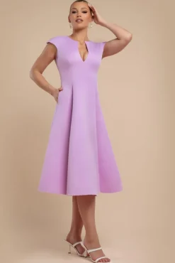 Cap Sleeve Plunging V-Neckline A-line Midi Dress - Lilac by Goddiva