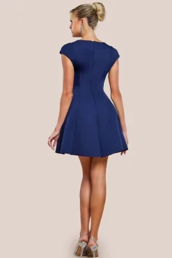 Cap Sleeve Plunging V-Neckline Skater Mini Dress - Navy Blue by Goddiva