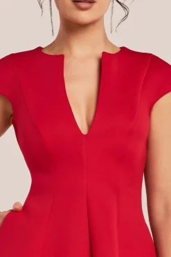 Cap Sleeve Plunging V-Neckline Skater Mini Dress - Red by Goddiva