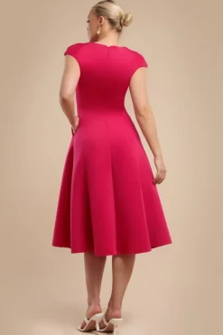 Cap Sleeve Plunging V-Neckline A-line Midi Dress - Magenta by Goddiva