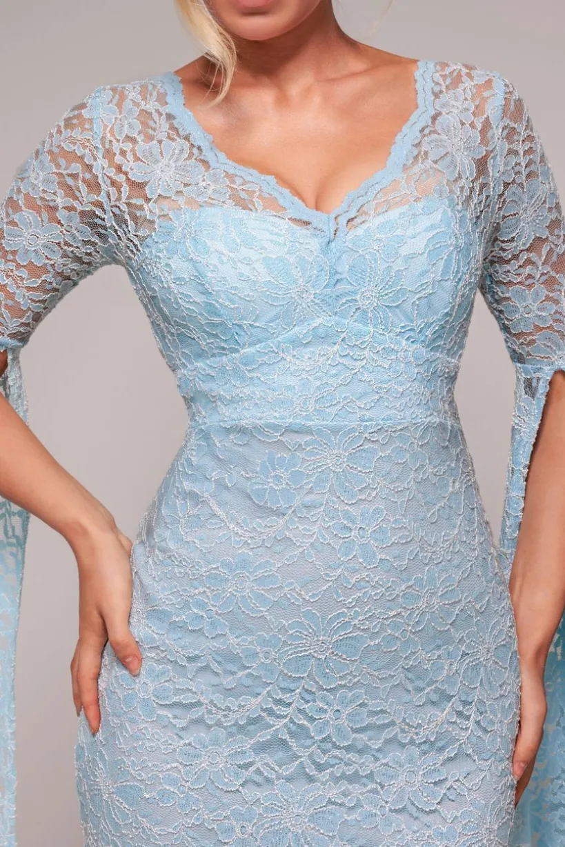 Cape Sleeve Lace Mermaid Hem Maxi Dress - Sky Blue by Goddiva