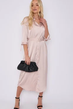 Champagne Half Sleeve Belted Maxi Shirt Dress by LOVE SUNSHINE