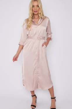 Champagne Half Sleeve Belted Maxi Shirt Dress by LOVE SUNSHINE