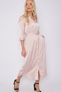 Champagne Half Sleeve Belted Maxi Shirt Dress by LOVE SUNSHINE
