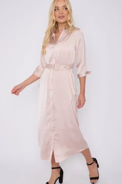 Champagne Half Sleeve Belted Maxi Shirt Dress by LOVE SUNSHINE