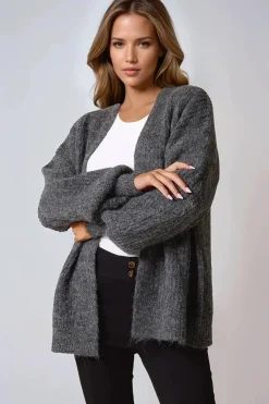 Charcoal Wool Blend Balloon Sleeve Knitted Cardigan by Aftershock London
