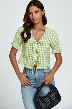 Check Print Tie Front Top In Green by FS Collection