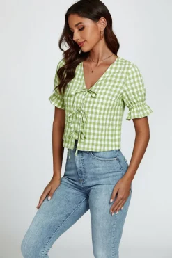 Check Print Tie Front Top In Green by FS Collection