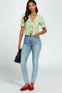 Check Print Tie Front Top In Green by FS Collection