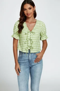 Check Print Tie Front Top In Green by FS Collection