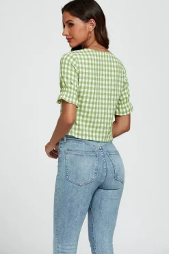 Check Print Tie Front Top In Green by FS Collection