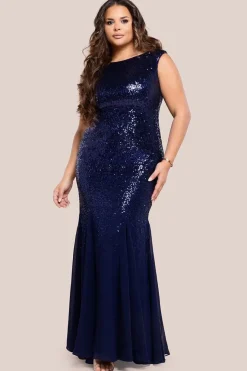Chiffon & Sequin Embroidered Bardot Maxi Dress - Navy Blue by Goddiva Plus