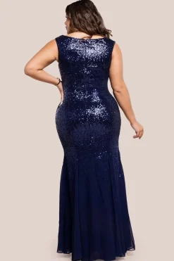 Chiffon & Sequin Embroidered Bardot Maxi Dress - Navy Blue by Goddiva Plus