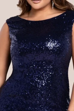 Chiffon & Sequin Embroidered Bardot Maxi Dress - Navy Blue by Goddiva Plus