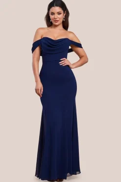 Chiffon Bardot Cowl Neck Maxi Dress - Navy by Goddiva