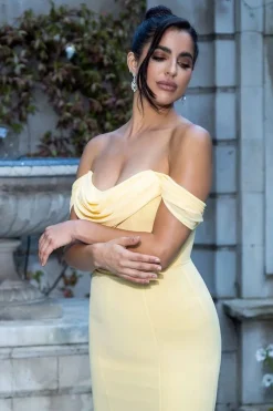 Chiffon Bardot Cowl Neck Maxi Dress - Lemon by Goddiva