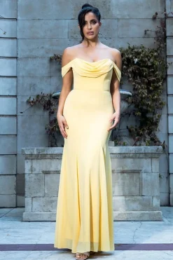 Chiffon Bardot Cowl Neck Maxi Dress - Lemon by Goddiva