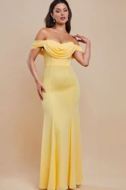 Chiffon Bardot Cowl Neck Maxi Dress - Lemon by Goddiva