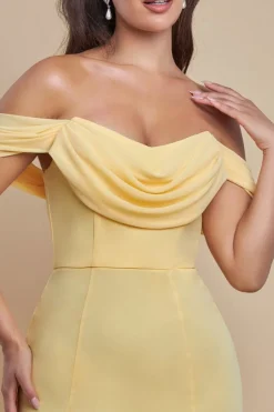 Chiffon Bardot Cowl Neck Maxi Dress - Lemon by Goddiva