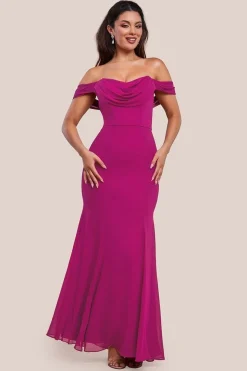 Chiffon Bardot Cowl Neck Maxi Dress - Magenta by Goddiva