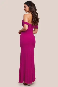 Chiffon Bardot Cowl Neck Maxi Dress - Magenta by Goddiva