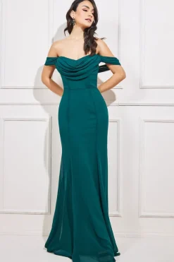 Chiffon Bardot Cowl Neck Maxi Dress - Emerald Green by Goddiva