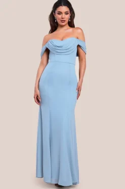 Chiffon Bardot Cowl Neck Maxi Dress - Duskyblue by Goddiva