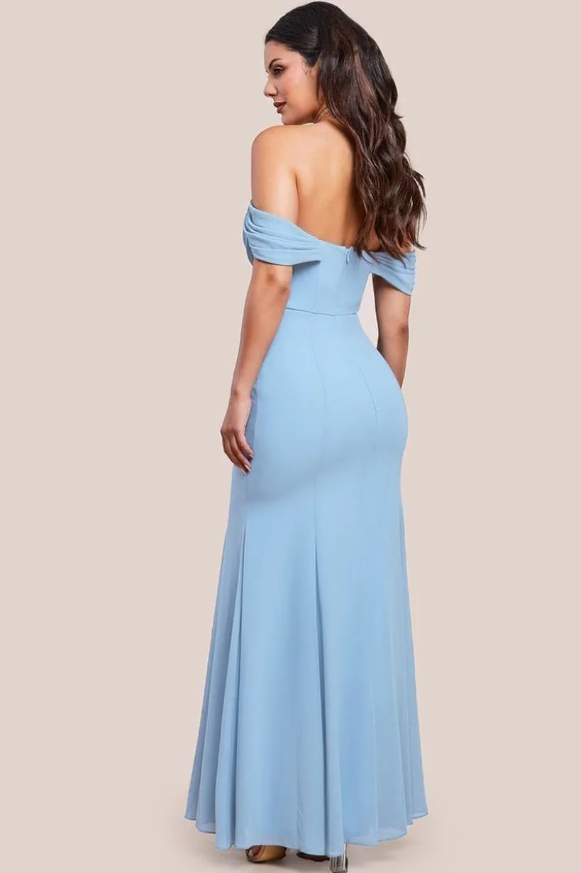 Chiffon Bardot Cowl Neck Maxi Dress - Duskyblue by Goddiva