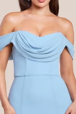 Chiffon Bardot Cowl Neck Maxi Dress - Duskyblue by Goddiva