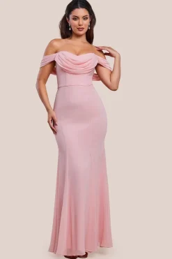 Chiffon Bardot Cowl Neck Maxi Dress - Blush by Goddiva