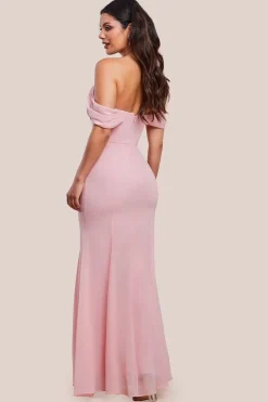 Chiffon Bardot Cowl Neck Maxi Dress - Blush by Goddiva