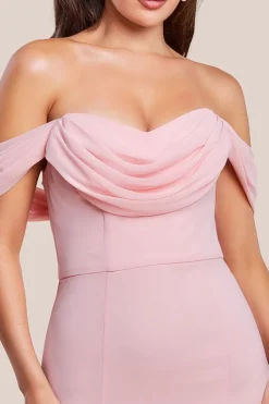 Chiffon Bardot Cowl Neck Maxi Dress - Blush by Goddiva
