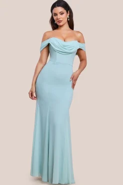 Chiffon Bardot Cowl Neck Maxi Dress - Sage Green by Goddiva