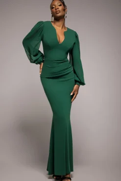 Chiffon Cuffed Balloon Sleeve Scuba Maxi Dress - Emerald Green by Goddiva