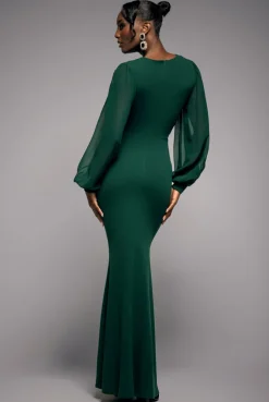Chiffon Cuffed Balloon Sleeve Scuba Maxi Dress - Emerald Green by Goddiva