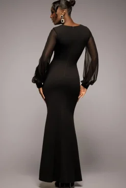 Chiffon Cuffed Balloon Sleeve Scuba Maxi Dress - Black by Goddiva