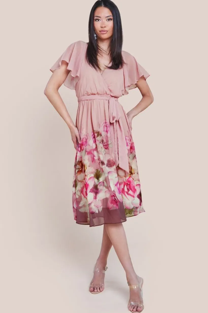 Chiffon Floral Border Print Midi Dress - Blush by Goddiva