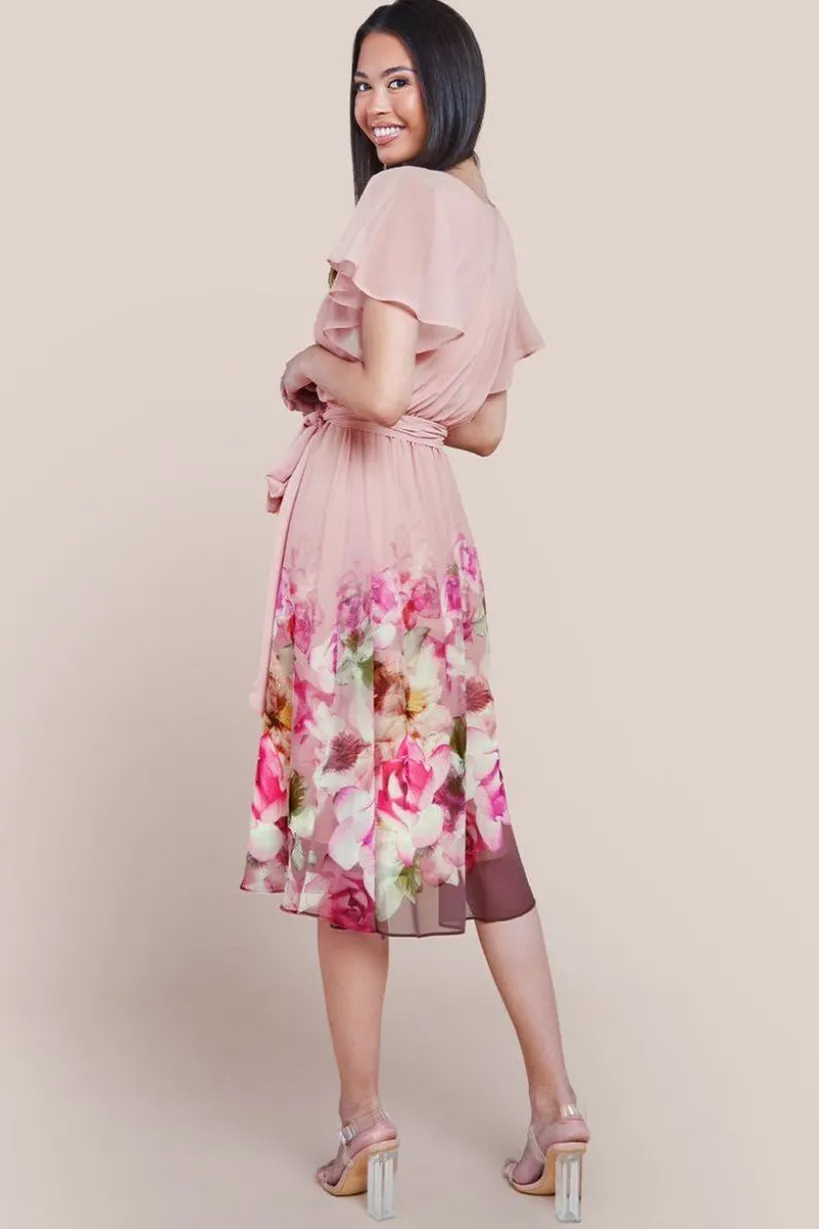 Chiffon Floral Border Print Midi Dress - Blush by Goddiva