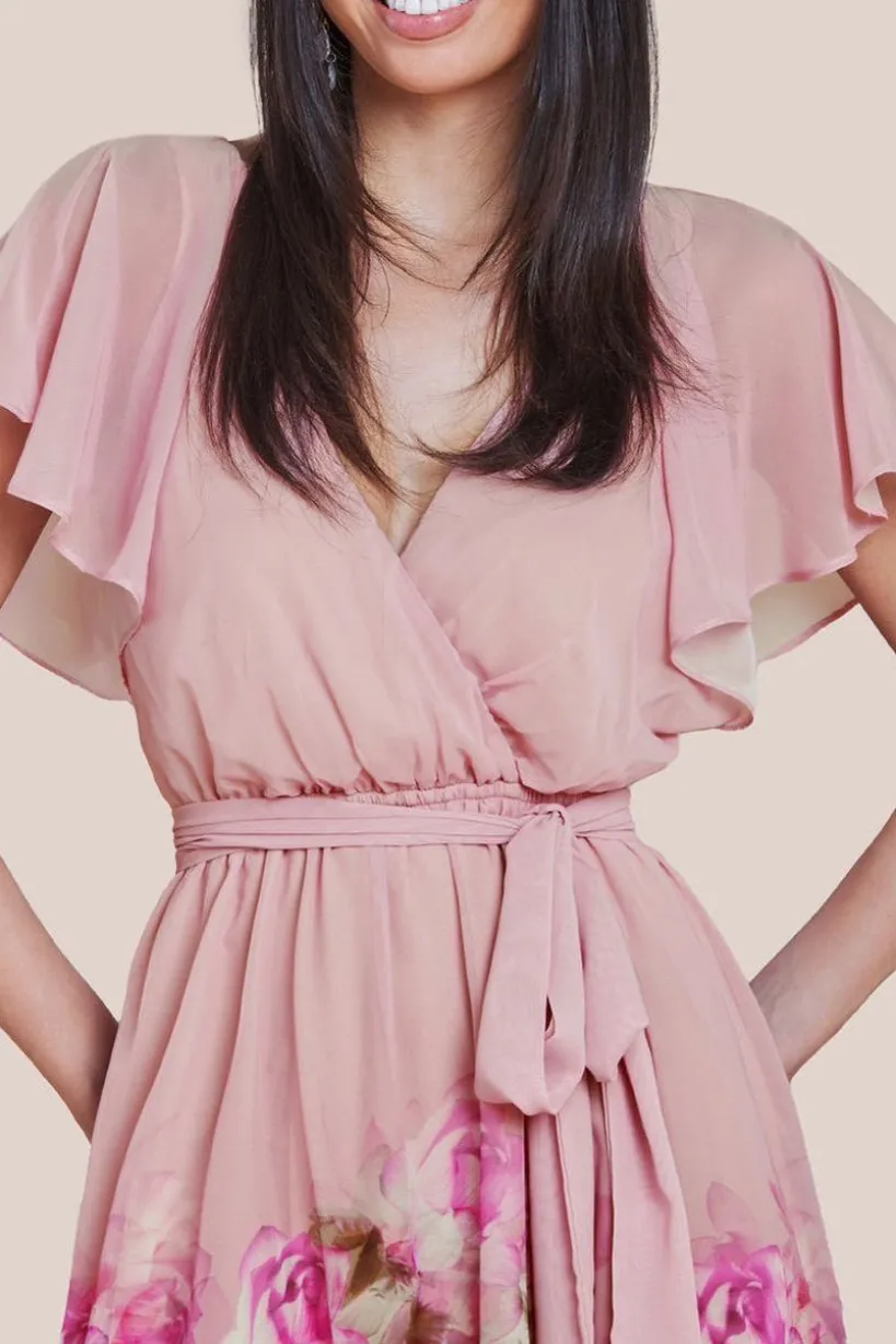 Chiffon Floral Border Print Midi Dress - Blush by Goddiva