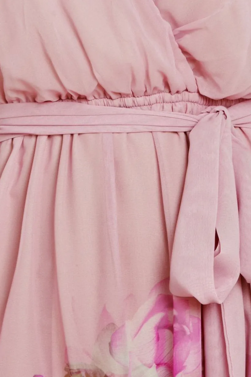 Chiffon Floral Border Print Midi Dress - Blush by Goddiva