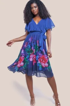 Chiffon Floral Border Print Midi Dress - Navy by Goddiva