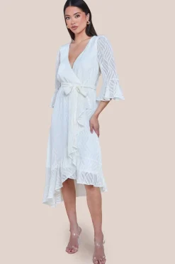 Chiffon Geo-Wave Front Frill Wrap Midi Dress - Cream by Goddiva