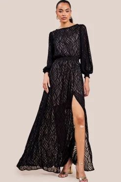 Chiffon Geo-Wave Front Split Maxi Dress - Black by Goddiva