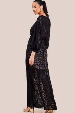 Chiffon Geo-Wave Front Split Maxi Dress - Black by Goddiva
