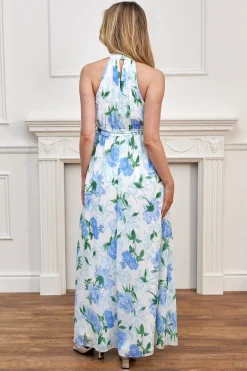 Chiffon Halter Neck Maxi Dress With Tie Waist In White Blue Floral by Angeleye