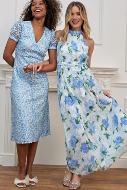 Chiffon Halter Neck Maxi Dress With Tie Waist In White Blue Floral by Angeleye